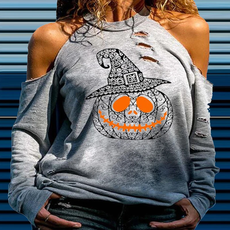 Modes Halloween Ghost Drukāt Blūze Krekli, Sieviešu Rudens Garām Piedurknēm Dobi No Topi Džemperi Gadījuma Pie Pleca O-Veida Kakla Blusas