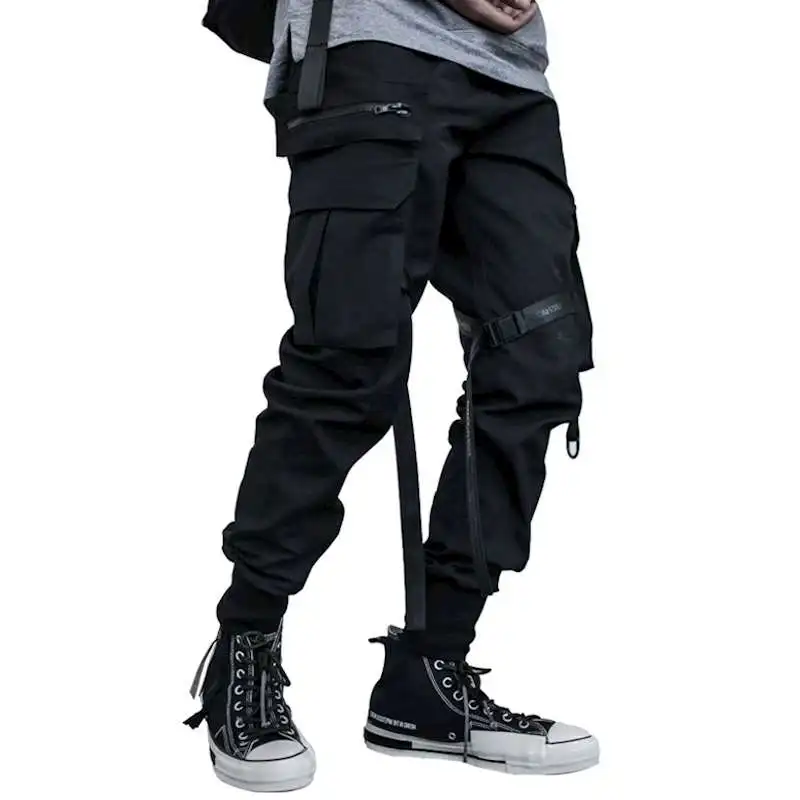 Vīrieši melnās kamuflāžas lentes multi kabatas kravas bikses hip hop, punk harēma bikses mens casual rāvējslēdzēju streetwear hiphop joggers