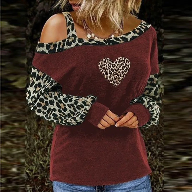 Sexy Viena-pleca Siksna, Krekls, Blūze Sieviešu Sirds Leopards Drukāt Raibs Džemperis Topi Rudens Dāmas Elegants ar garām Piedurknēm Blusa