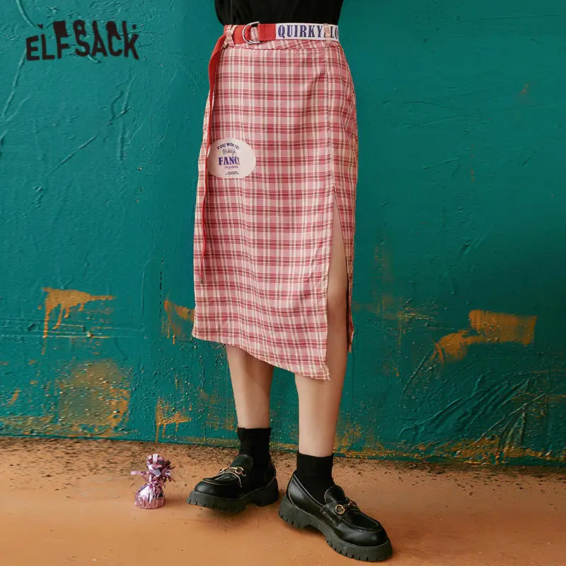 ELFSACK Red Pleds Lielbritānijas Augstais Viduklis Gadījuma Sieviešu Svārki,2020. Gada Rudenī ELF Vintage Sadalīt Hem,korejiešu Girly Ikdienas Preppy Apakšā