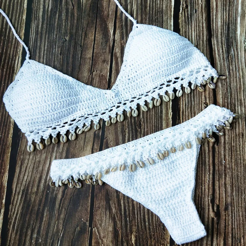 2019 Sieviešu Roku Tamborētas Bikini Komplekts Push Up Dobi Krūšturis Top Bikini Komplekts Peldkostīmu Peldkostīms, Peldbikses Pavada Tīrtoņa Krāsu