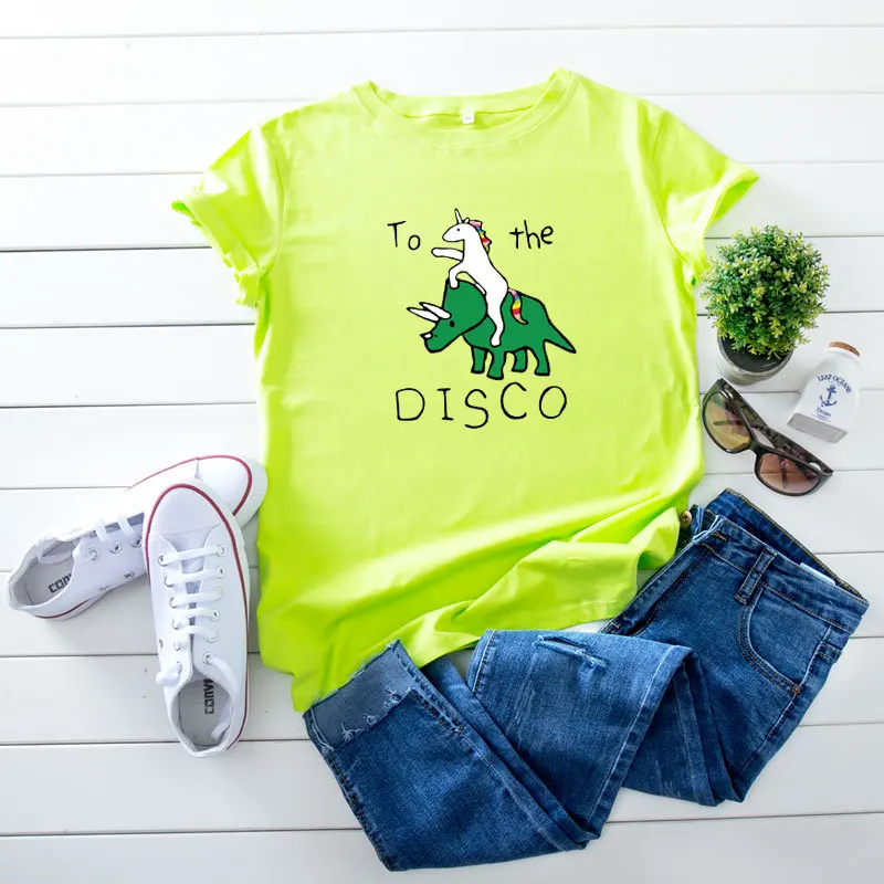Kokvilnas Vasaras Smieklīgi Sieviešu T-krekls ar O-veida Kakla Harajuku Unicorn Disco Degunradžu Top Gadījuma Sieviešu T krekls, Nestandarta Izmērs S-5XL