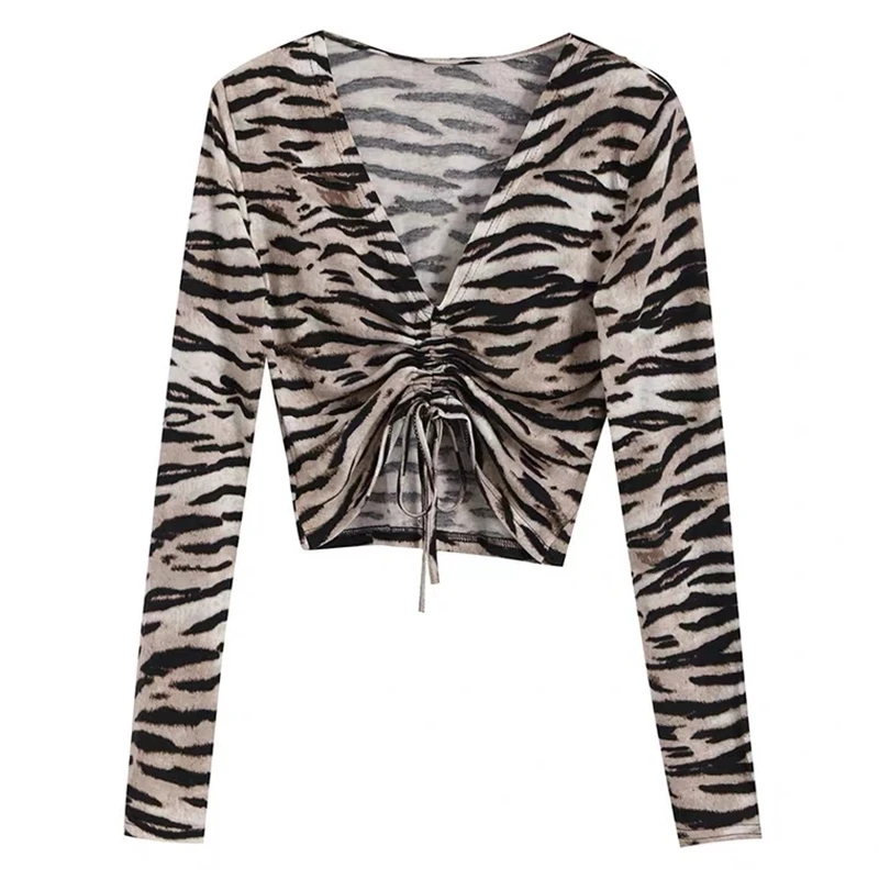 Pavasarī un rudenī, ar zemu-cut v mango svītrains tops sievišķīgi lentes īss zebra krekls iespaidu, modes