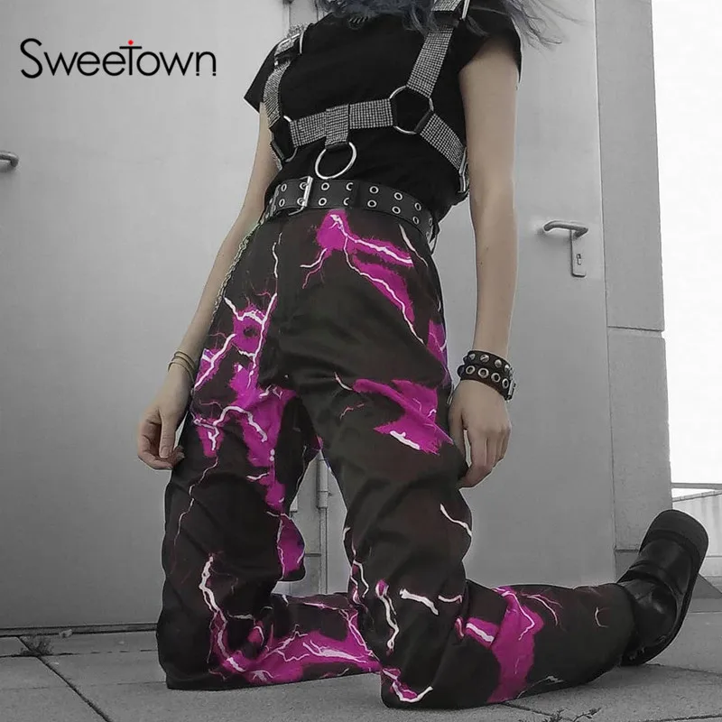 Sweetown Drukāt Gadījuma Taisni Streetwear Bikses Sieviešu Modes Augsta Vidukļa Joggers Dāma Kabatas Garās Bikses 2020. Gadam Gothic Tērpiem