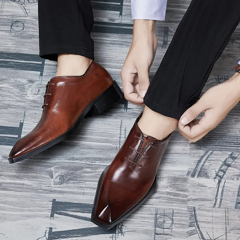 Ādas kurpes cilvēks, biznesa uzvalks vasaras elpojošs mežģīnes-up korejas modes Britu ģeometriskā pirksta ādas ikdienas apavi vīrietis