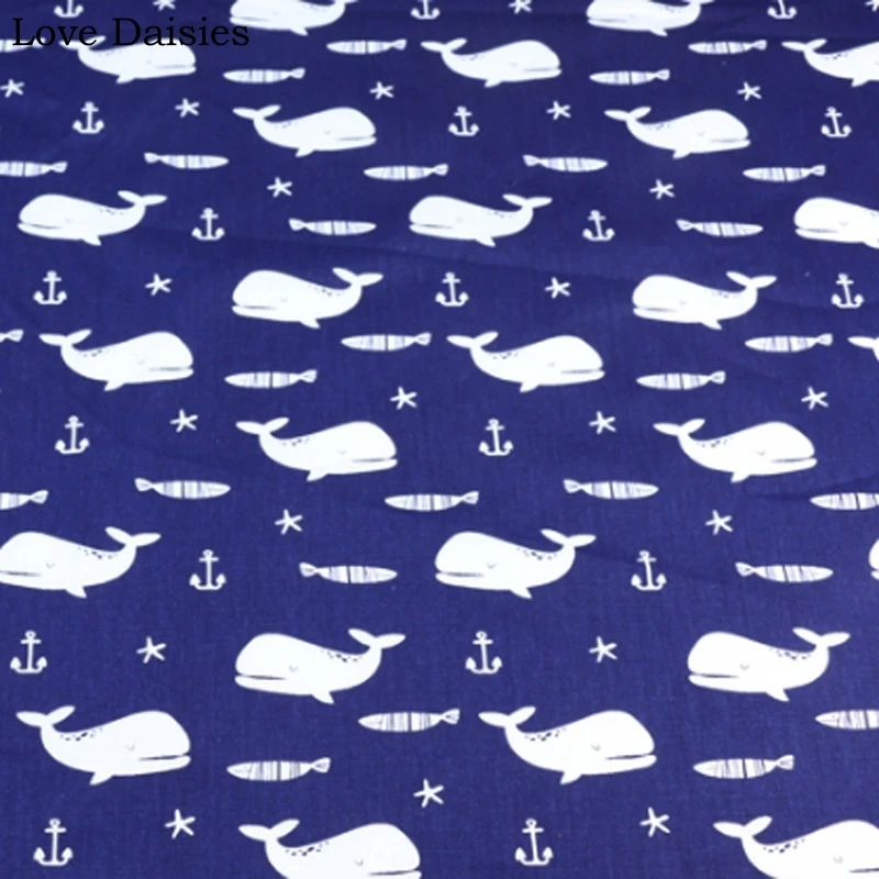Kokvilnas sarža karikatūra TUMŠI ZILAIS valis enkura starfish svītru pārbaudīt audumi DIY bērnu gultas, spilvens, spilvenu, dekoru handwork