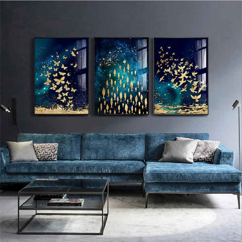 Audekls Gleznas Zilā un Zelta Luksusa Anotācija Dzīvnieku Ģimenes Sienu Mākslas Plakāti Dzīvojamās Istabas Sienas Izdrukas Mājās Apdare