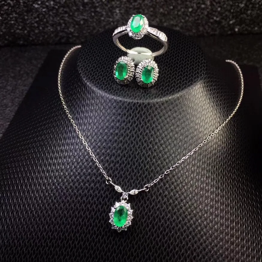 Columbia dabas emerald kopu gredzens, auskari, kaklarota, moderns, ar jaunu dizainu, kvalitātes 925 Sudraba