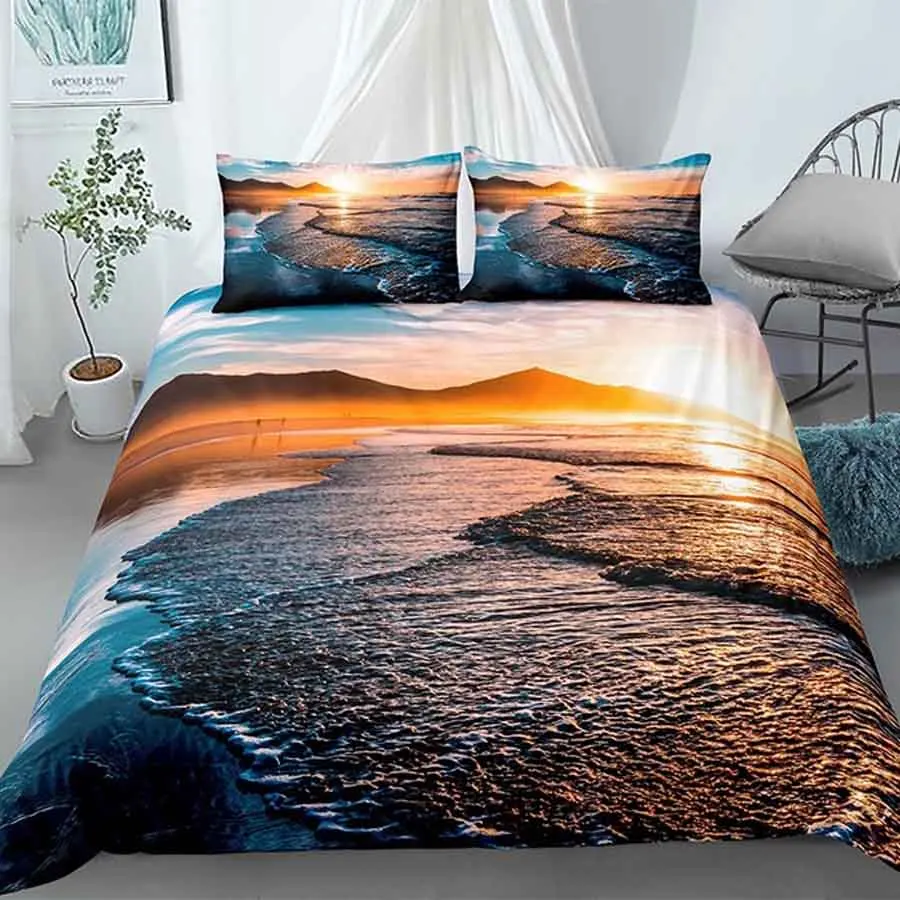 WOSTAR Gultas komplekts 3d digitālā druka Saulrieta sandbeach ar jūras ainavu luksusa mājas tekstila queen, king size gultasveļa karstā pārdošanas