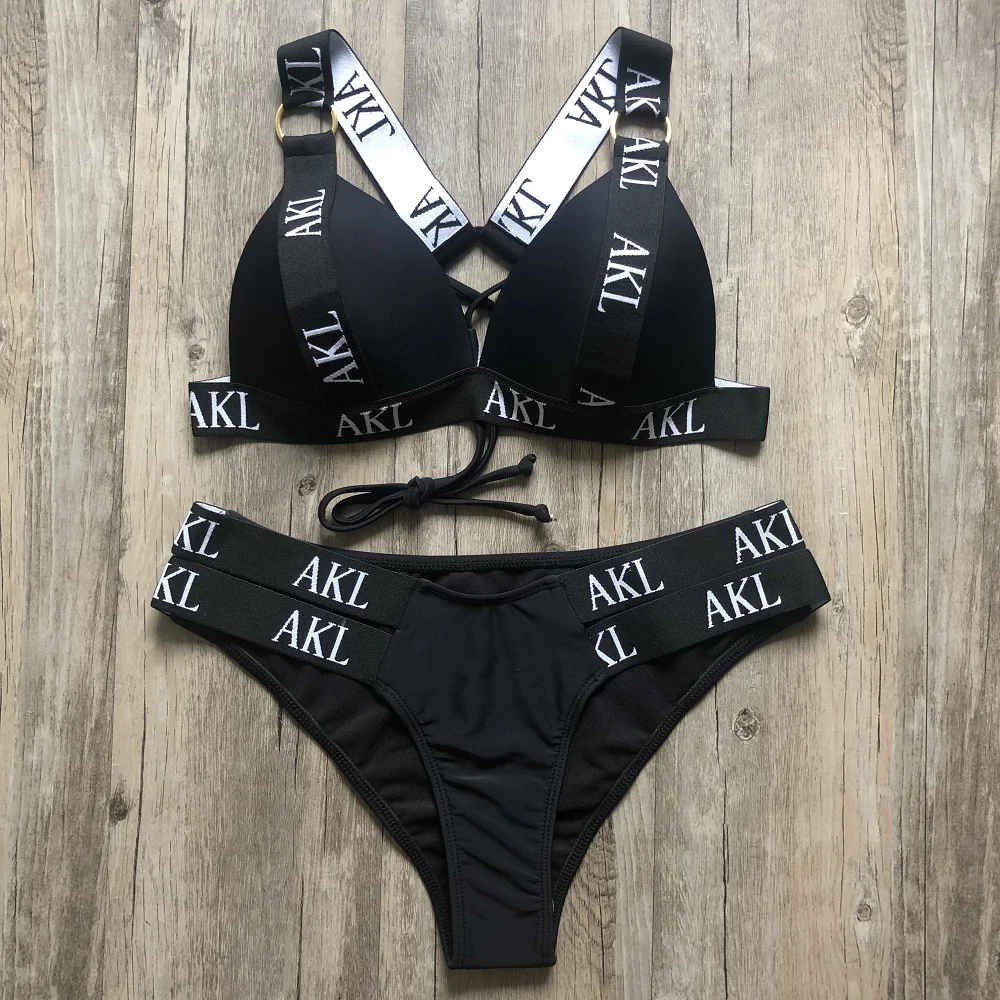 Sexy 2019 bikini uzstādītu Burtu drukas peldkostīmu sieviešu push up Pārsējs black peldkostīmi sieviešu Biquini Peldēšanas peldkostīms, Bather