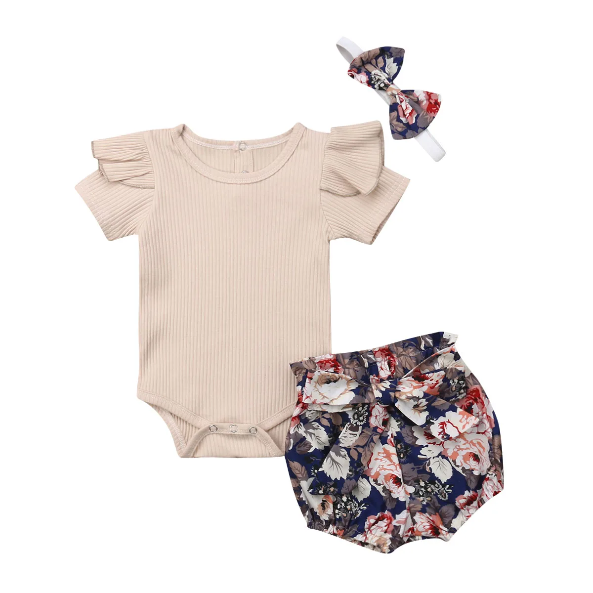 Vasaras Toddler Zīdaiņiem Jaundzimušo Bērnu Meiteņu Drēbes, Uzstādīt Kokvilnas Topi Bodysuit +Ziedu Bikses+ Galvas Apģērbs 3PCS
