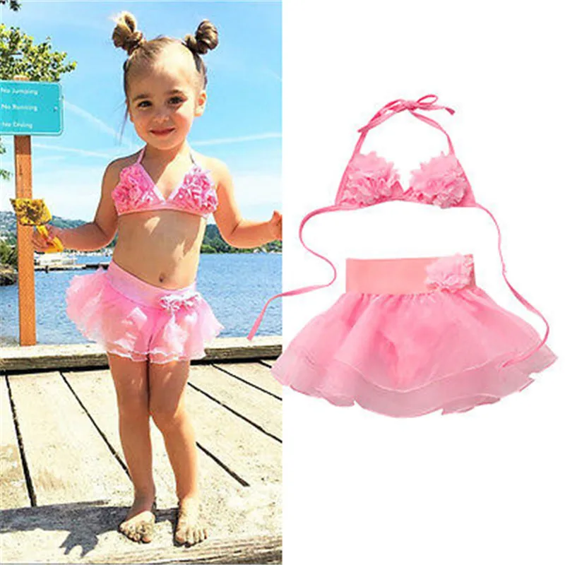 1-6Y Vasarā Bērniem Baby Girl Ziedu Bikini, Peldkostīmi, Zīdaiņu Princese Divi Gabali Peldkostīms Rozā Tops+Tutu Bikses, Svārki peldkostīms