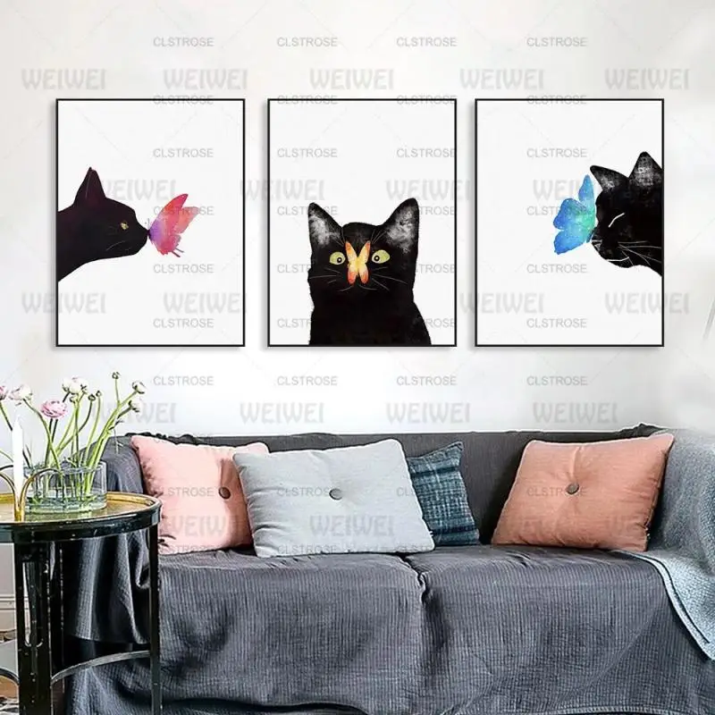 Mājas Apdare Melnais Kaķis, un Tauriņu Uz Kaķi Mutē, Var Tikt Pielāgota Auduma Plakāts, Sienas Mākslas Apdare Audekla Apgleznošana