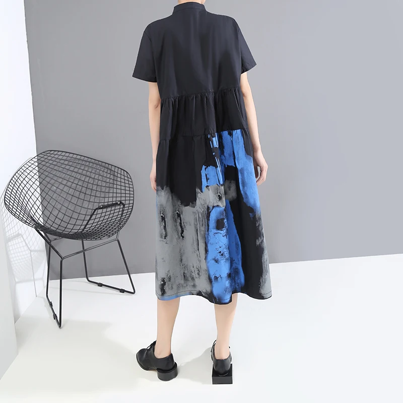 Korejiešu Stilā Sieviete Vasaras Black Vintage Krekls, Kleita Krāsots Dizains Drukāts Liela Izmēra Dāma Gadījuma Midi Kleita Retro Tērpu Femme 6125