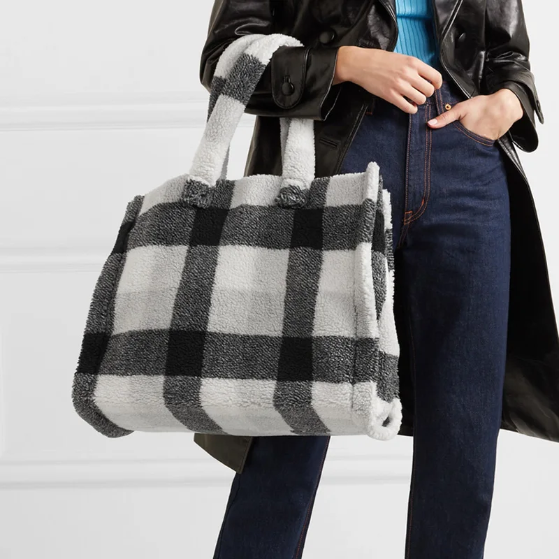 Gadījuma lambswool sievietēm lielu totes dizainers rokassomas luksusa mākslīgās kažokādas pleca soma dāmas liela kapacitāte kausi somas, ziemas 2020