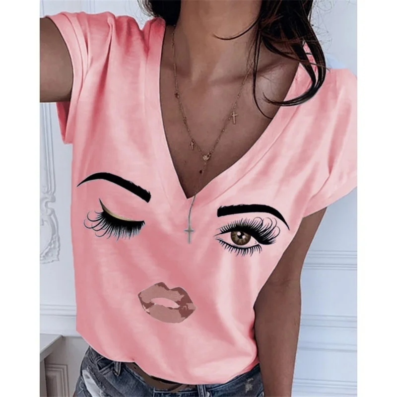 Vasaras Gudrs Smieklīgi Sieviešu Cēloņsakarību Ar Īsām Piedurknēm Acu, Lūpu Iespiestas Grafikas Plus Lieluma V Veida Kakla Topi Sieviešu Modes Brīvs T Krekls Camisetas
