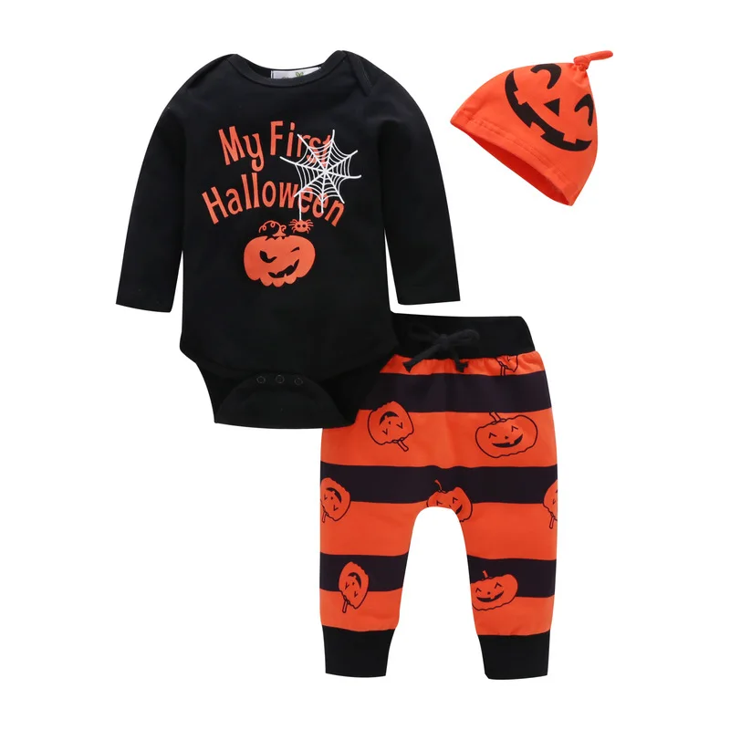 2020 Kokvilnas Baby Boy Apģērbs Unisex 3PCS Bodysuits+Bikses+Cepures Bērnu Halloween Komplekti Ķirbju Baby Girl Apģērbu Izdrukāt Pilnu Piedurknēm