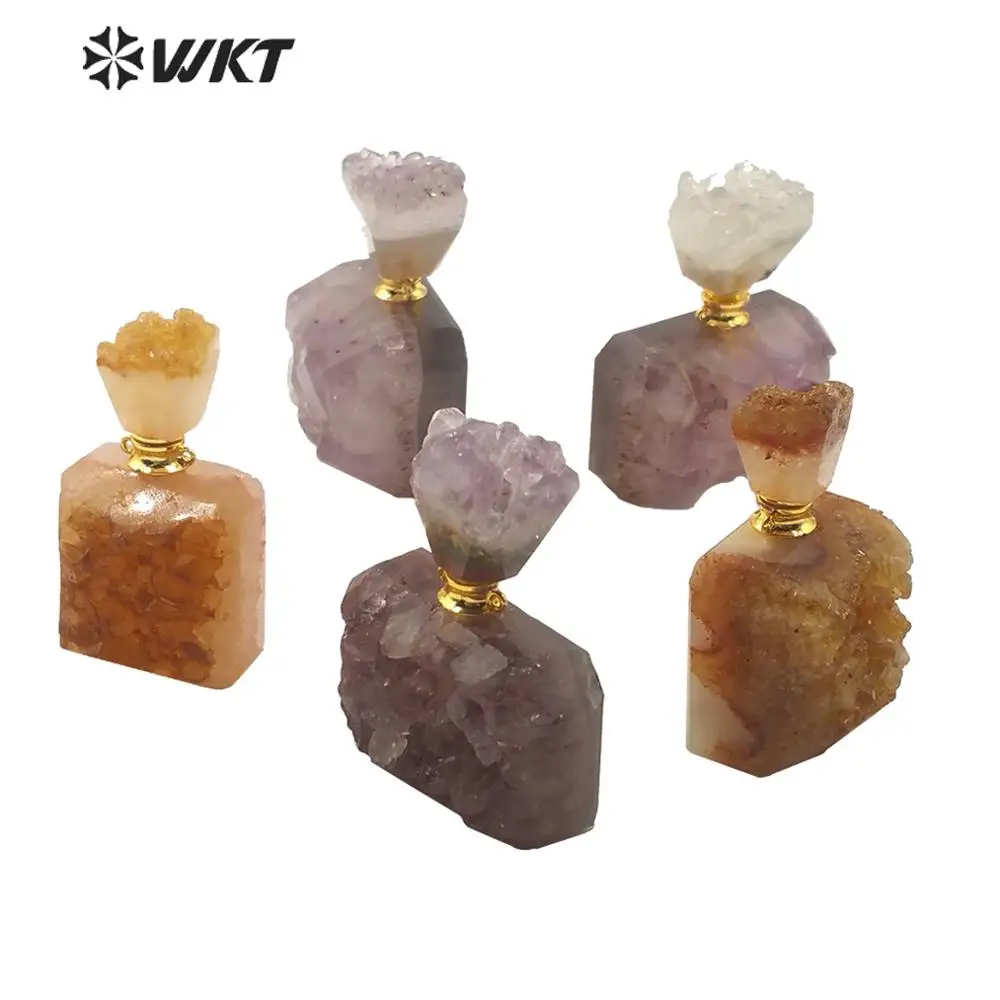 WT-P1510 Karstā krāšņs druzy a methyst un dzeltenā kvarca akmens smaržu pudeli, kulons, dabiskā akmens smaržu pudeles kulons