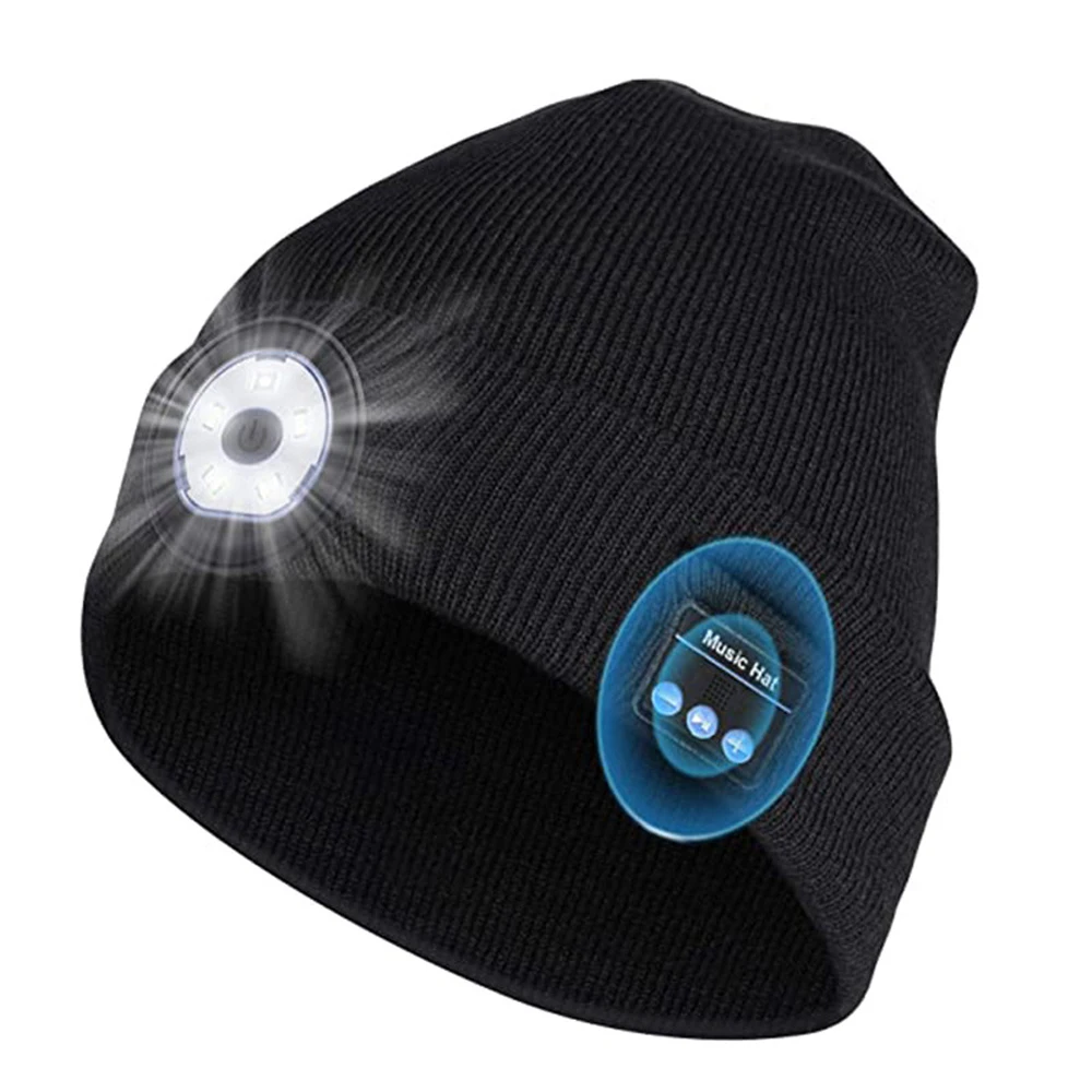 Bezvadu Bluetooth Austiņas Cepure Ar Noņemamu LED Gaismas BT Mūzikas Caps Riteņbraukšana Nakts Darbojas Adīta Cepure Āra Avārijas Lukturi