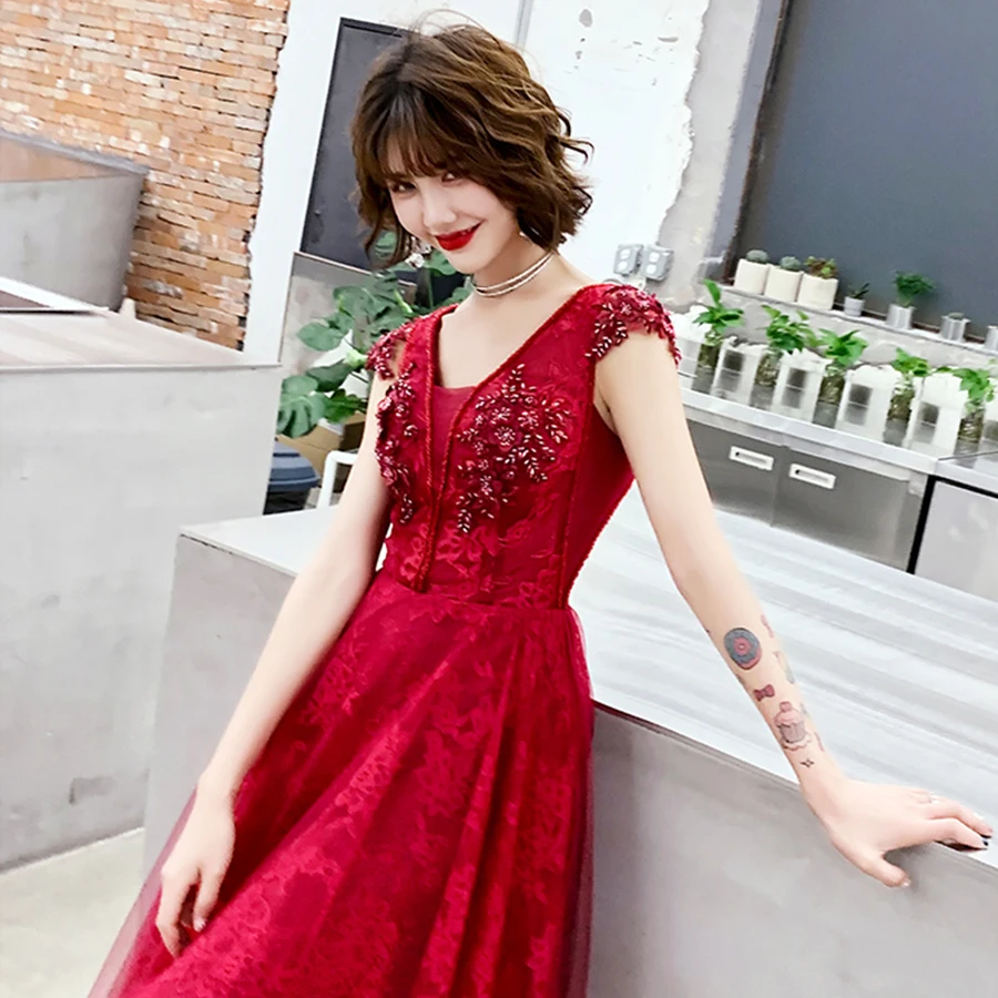 Tas ir Yiiya Prom Kleitas Plus Lieluma Elegants vestidos de gala Bordo V-veida kakla Īsām Piedurknēm Sievietēm Formālu Kleita 2020. Gadam E1283
