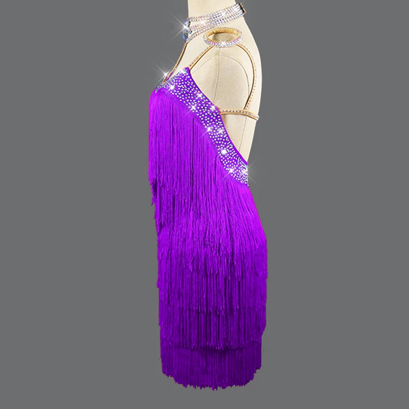 Multi Bārkstis latīņamerikas Deju Kleita Backless Skatuves Kostīmu Pieskarieties Deju apģērbi Samba Darbības Violeta latīņu Kleitu Pieaugušo Bērni VDB2365