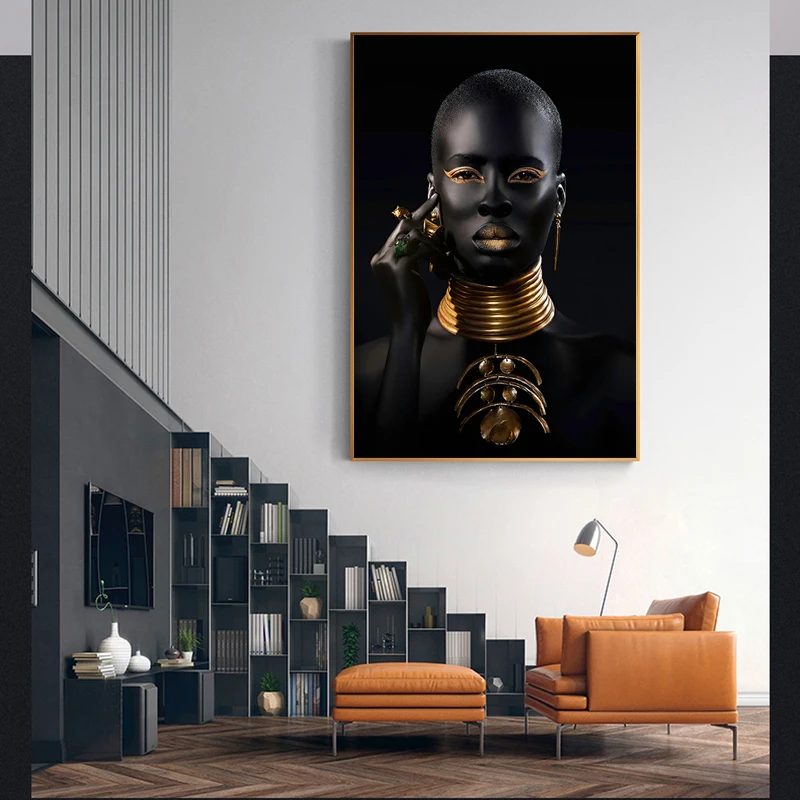 Melnā un Zelta Āfrikas Sieviete, Plakātu, Mūsdienīga Sienas Māksla Kanvas Glezna Melnā Sieviete Izdrukas Dekoratīvās Bildes Dzīvojamā Istaba Dekori