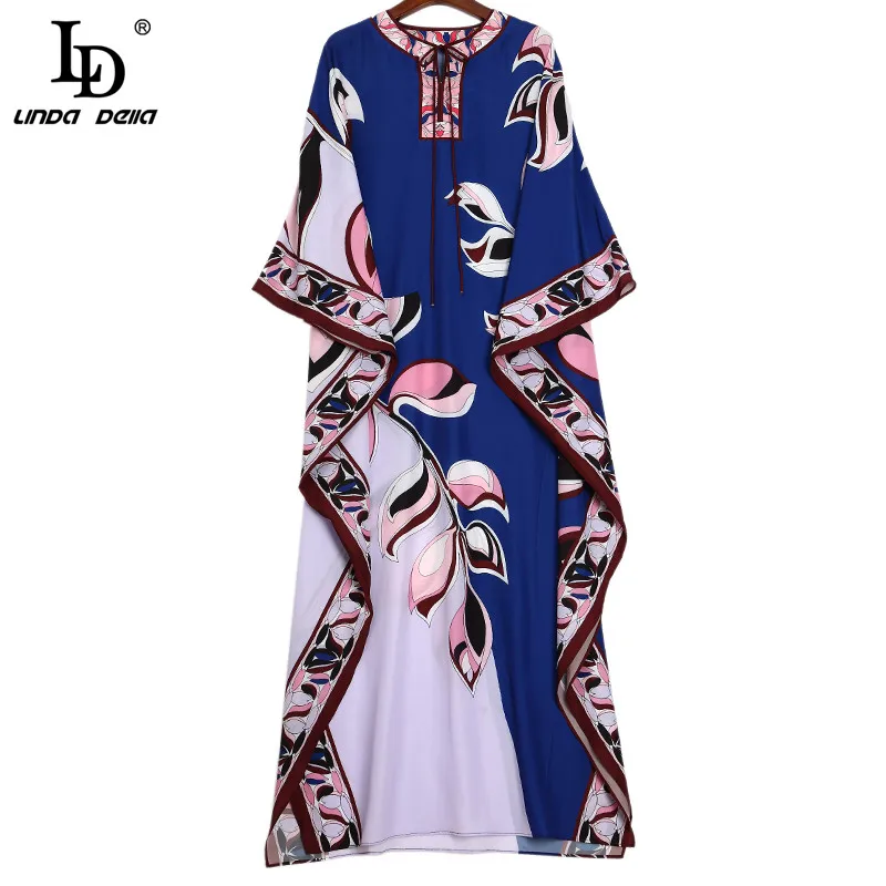 LD LINDA DELLA Modes Dizainera Plus Lieluma Zaudēt Garās Kleitas Sievietēm Plats Piedurkņu Ģeometrija Ziedu Drukāt Vintage Maxi Kleita 2020