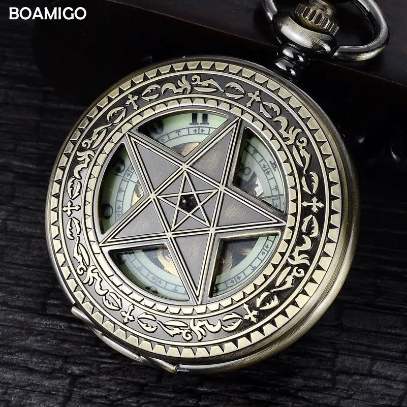 FOB vīriešu kabatas pulksteņi, antikvariāts, mehāniskie pulksteņi BOAMIGO skelets romiešu numuru pulksteņi vara zvaigžņu dizaina pulkstenis reloj hombre