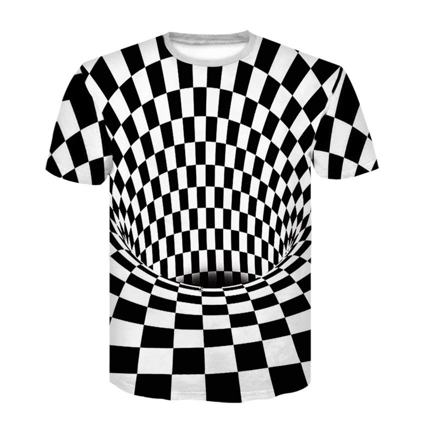 3D melns un balts pārbauda tuneļa īsām piedurknēm T-krekls, vasaras zēns hip hop smieklīgi personības drukāt tendence T-krekls