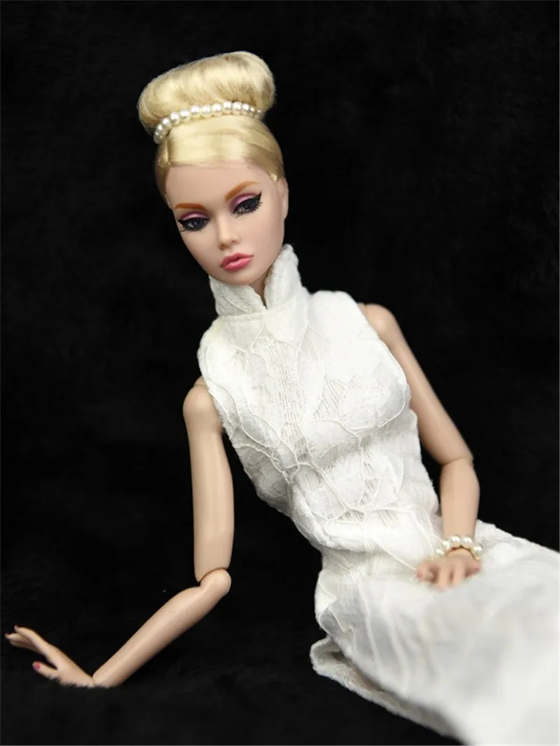 Elegants Balts Qipao Kleita Apģērbs Komplekts Barbie 1/6 30cm BJD FR Leļļu Apģērbs Aksesuāri Spēlēt Māja Mērci uz Augšu, Rotaļlietas, Dāvanu