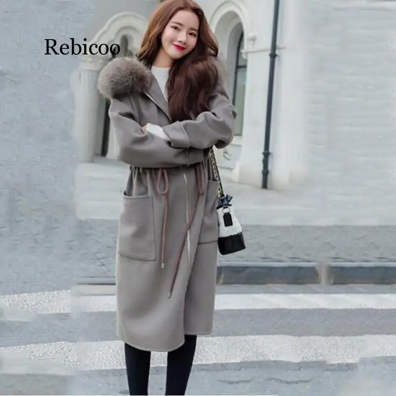 Rebicoo korejiešu versija, Jaunas Ziemas garš mētelis sievietēm ir silts kašmira Liela izmēra elegants sieviešu Kapuci Vilnas mētelis