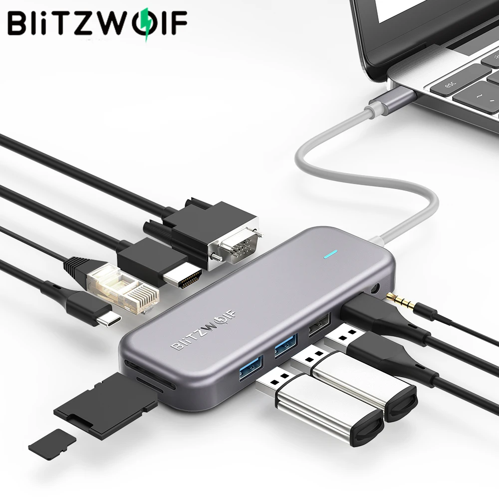BlitzWolf BW-TH8 11 in 1 USB C C Tipa Datu centra PD USB 3.0 TF Karšu Lasītājs, 3,5 mm AUX 4K HDMI-compatile VGA 1000M RJ45 Klēpjdatoru