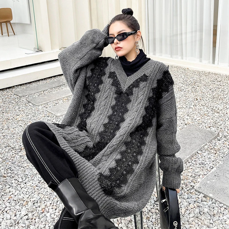 CHICEVER Vintage Džemperi Sieviešu V Kakla garām Piedurknēm Raibs Mežģīnes Dizainers Hit Krāsu Zaudēt Adīti Džemperi Sieviešu Ir 2021. Jaunas