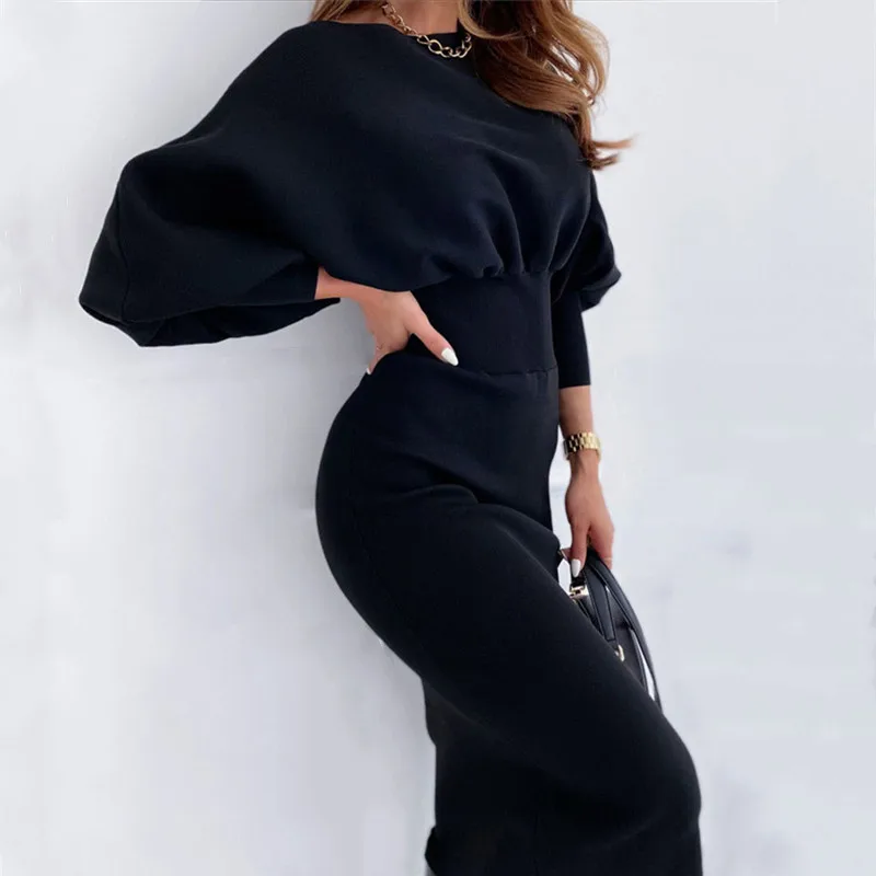 O Apkakli, Garām Piedurknēm Midi Puses Zīmulis Kleita Sievietēm 2020 Rudens Ziemas Melna Rozā Bodycon Elegants Birojs Sieviete Kleitas, Drēbes Femme