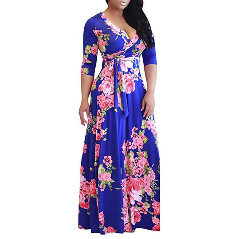 Xxxxxl xxxxl Plus lieluma sieviešu Apģērbu Ziedu Drukāt Ilgi & Īsām Piedurknēm Maxi Āfrikas Sadalīt Kleita sievietēm