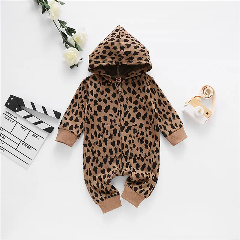 Rudens Baby Toddler Meitenes Zēni Leopards Drukāt Kapuci Romper Ar Garām Piedurknēm, Kabatām Rāvējslēdzējs Jumpsuit Bērnu Ikdienas Drēbes Homewear