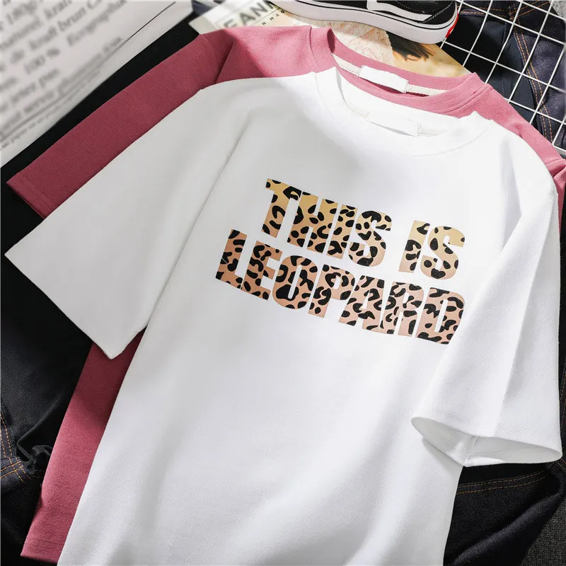 Vasaras Leopard Vēstuli Iespiesti Sieviešu T-krekli, O-veida Kakla Īsām Piedurknēm, Sieviešu t-veida Topi Ir 2021. Harajuku Gadījuma Zaudēt Dāmu T-krekls