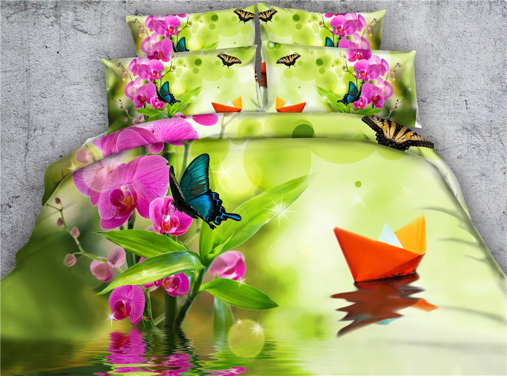 Skaisti pavasara vasaras ainava gultas komplekti bambusa oļu akmeņiem krastmalā duvet cover set Digitālā druka karaliene lapa laivu veļa