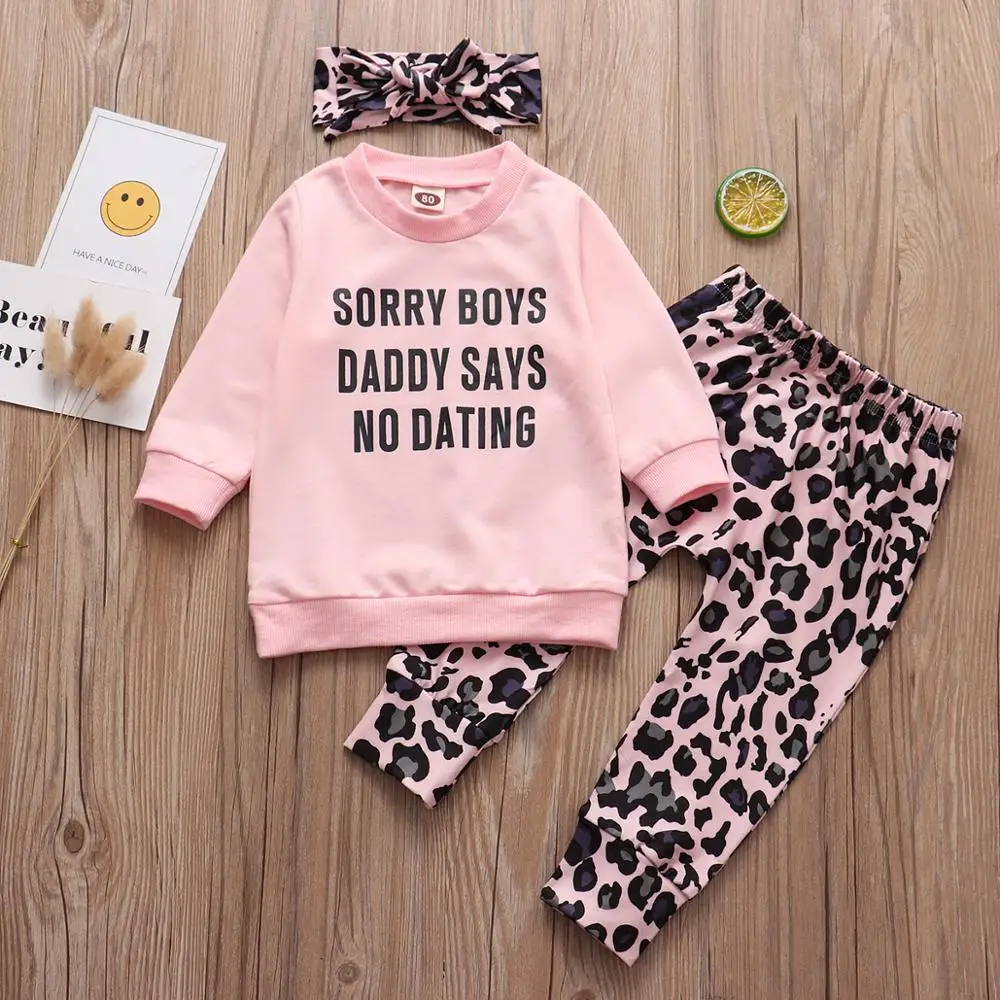 3PCS Infant Baby Meitenes Apģērbu Komplekts 0-4T Pavasarī, Rudenī Tētis Saka Nē Iepazīšanās Topi+Leopards Drukāt Bikses+Galvas Toddler Meitene Tērpiem