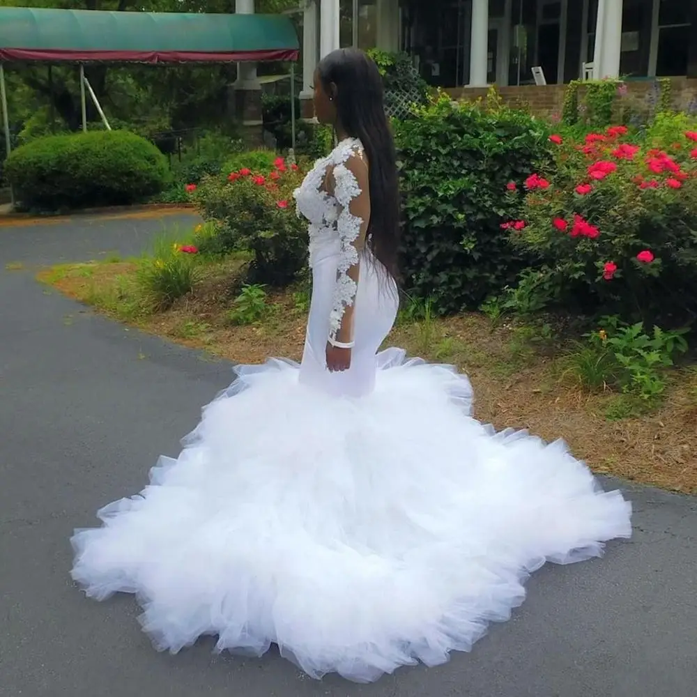 Āfrikas Mermaid Kāzu Kleitas Ruffles 3D Mežģīnes Appliques Plus Lieluma Kāzu Kleitu Ilūziju garām Piedurknēm Līgavas vestidos de novia