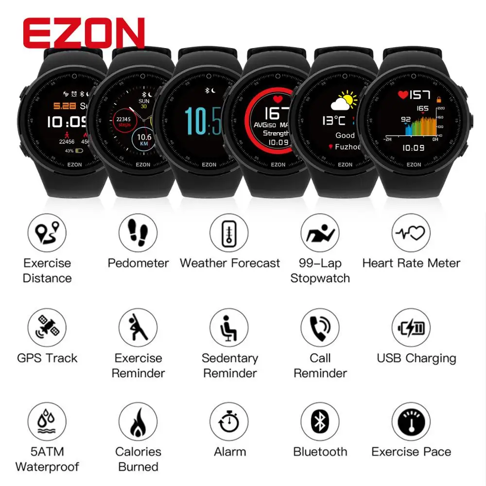 EZON T958 IZŠĶIRTSPĒJAS Krāsu Ekrāns Optisko sirdsdarbība GPS Smartwatch Bluetooth Maratons Darbojas Mens Watch Android, IOS Tālruni