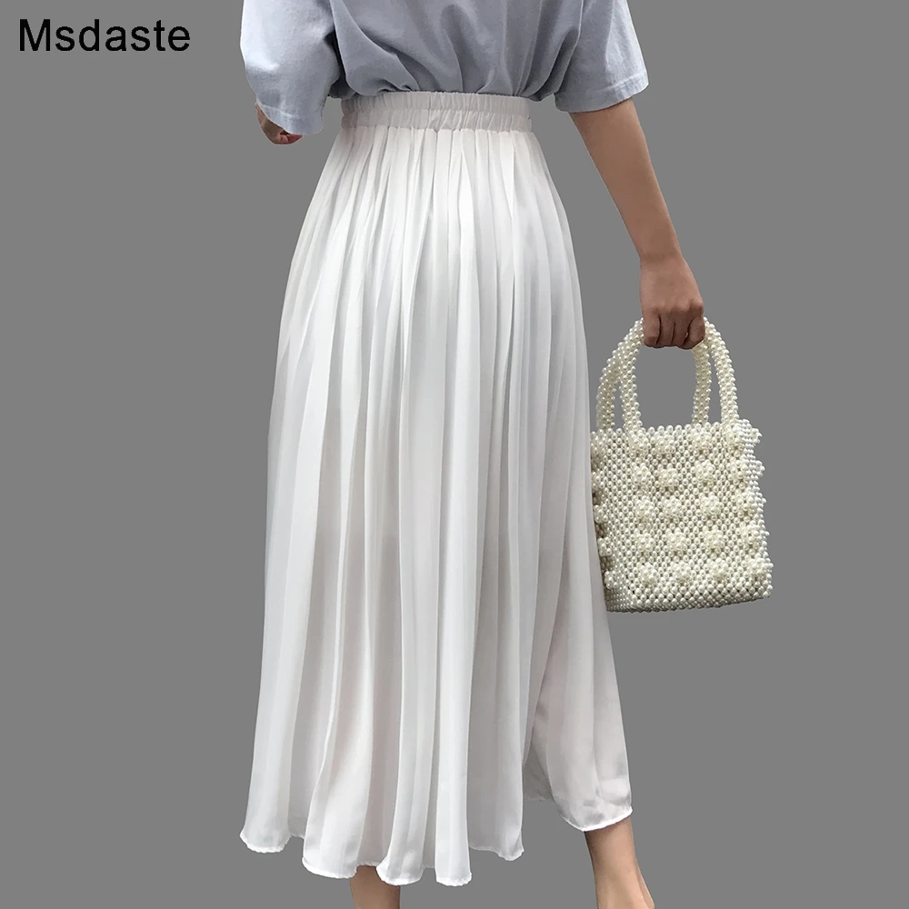 Sieviešu Šifona Kroku Svārki Vintage Augsta Vidukļa Elegants Melns Balts Ilgi Sieviete Dāmas 2019 Vasaras Valkāt Stila Jupe Femme Svārki