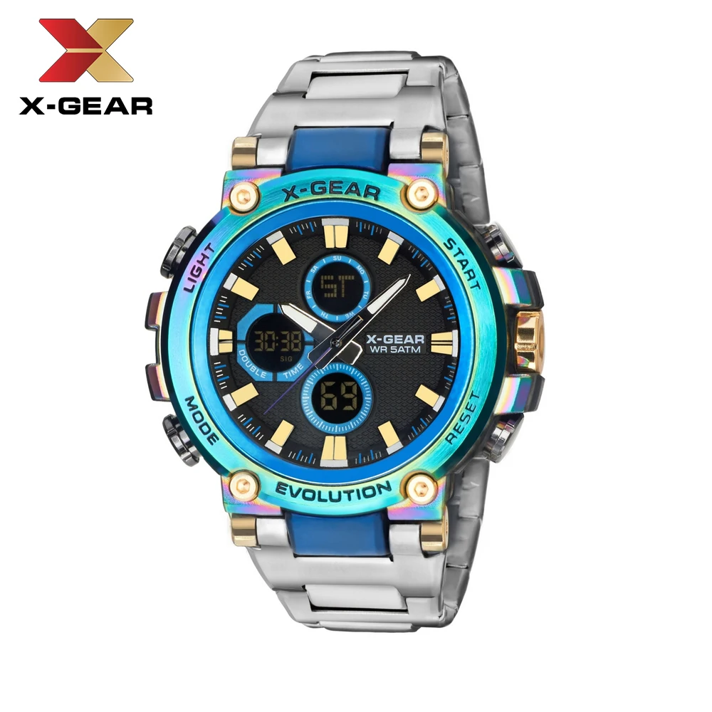 X-GEAR Vīriešu Pulksteņi Digitālās Kvarca Dubulto Laiku Chronograph Watch Mens LED Chronometre Nedēļu Displejs rokas pulksteņi montre homme Stundu