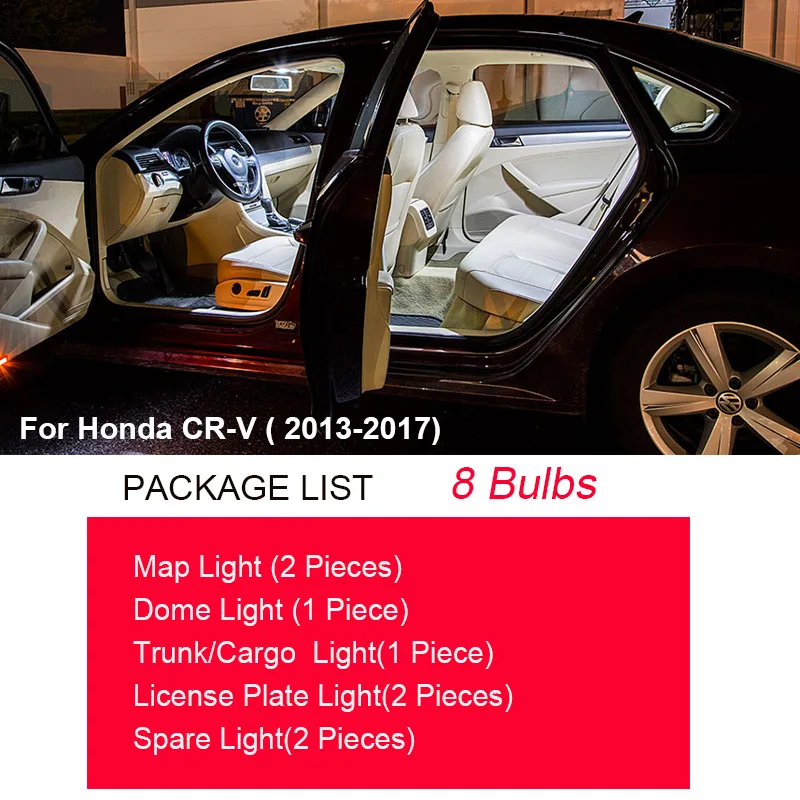 8pcs White LED salona Apgaismojuma Spuldzes Komplektā 2013. gada līdz 2017. gadam Honda CR-V CRV Kartes Dome Bagāžnieka Licences numura zīmes Lukturi, Auto Piederumi