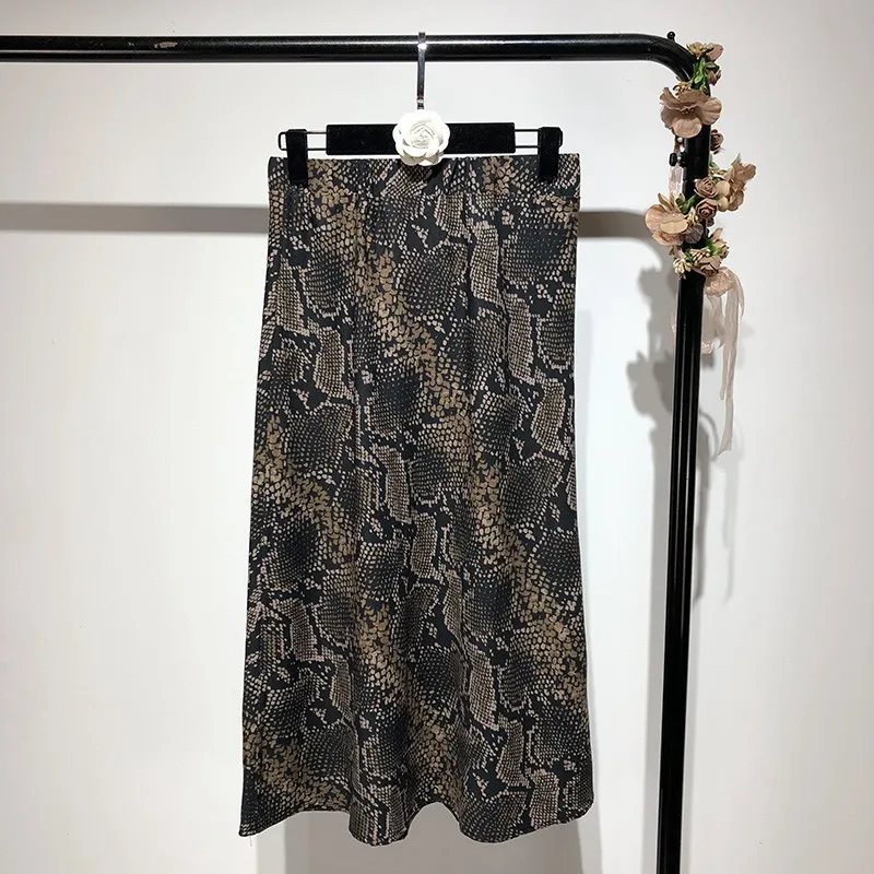 Sieviešu Vintage Čūska Drukāt Midi Svārki Dāmas Streetwear Elastīga, Augsta Vidukļa Svārki Saias faldas mujer moda 