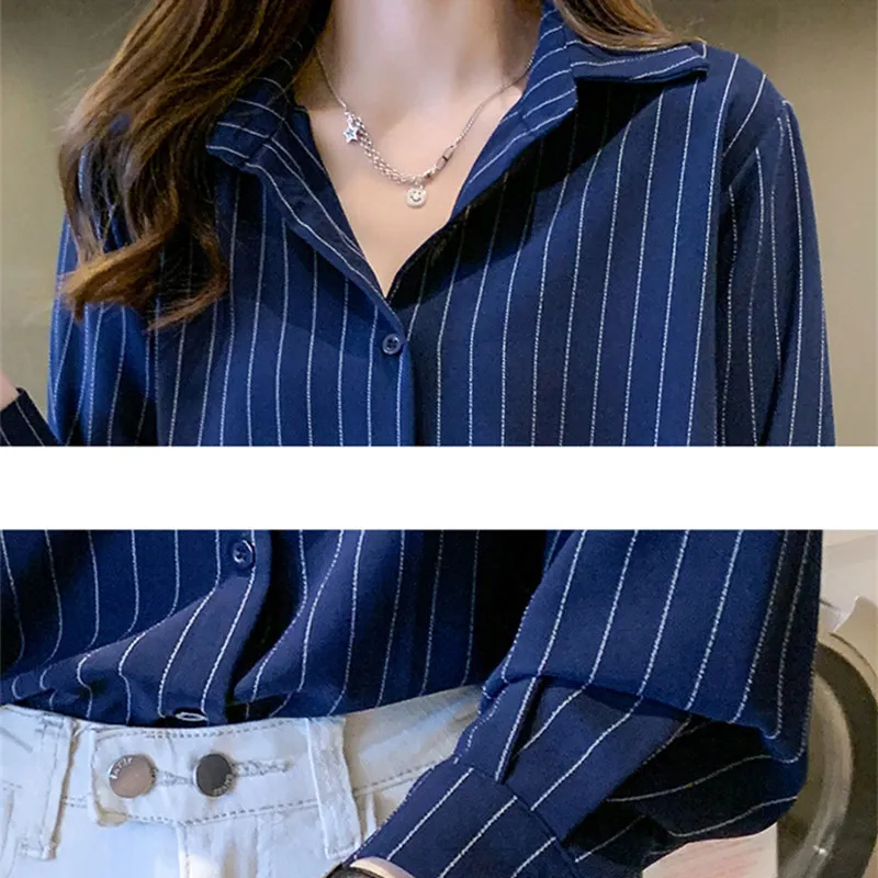 Korejas Sieviešu Krekli Šifona Blūzes Sieviešu Krekls ar garām Piedurknēm Topi Sieviete Baltā Blūze Krekli Sieviete Svītrainām Krekls Top Plus Izmērs XXL