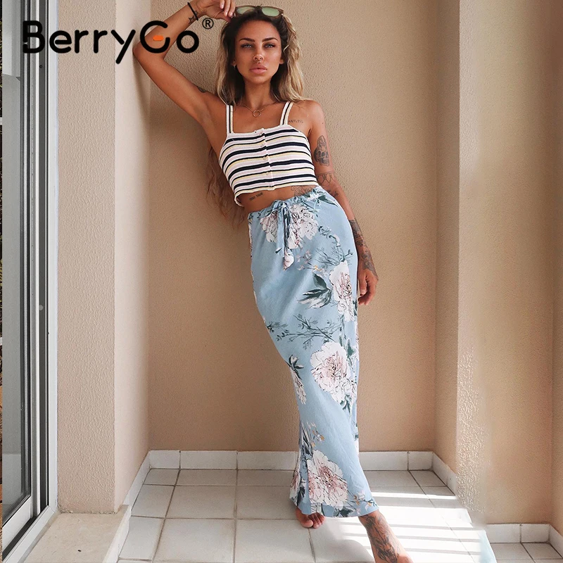 BerryGo Bohēmijas ziedu drukāt svārki sievietēm 2020. gada Vasaras brīvdienu pludmales svārki ilgi Vērtnes jostas sasiet izdilis zīmuli svārki boho sieviete