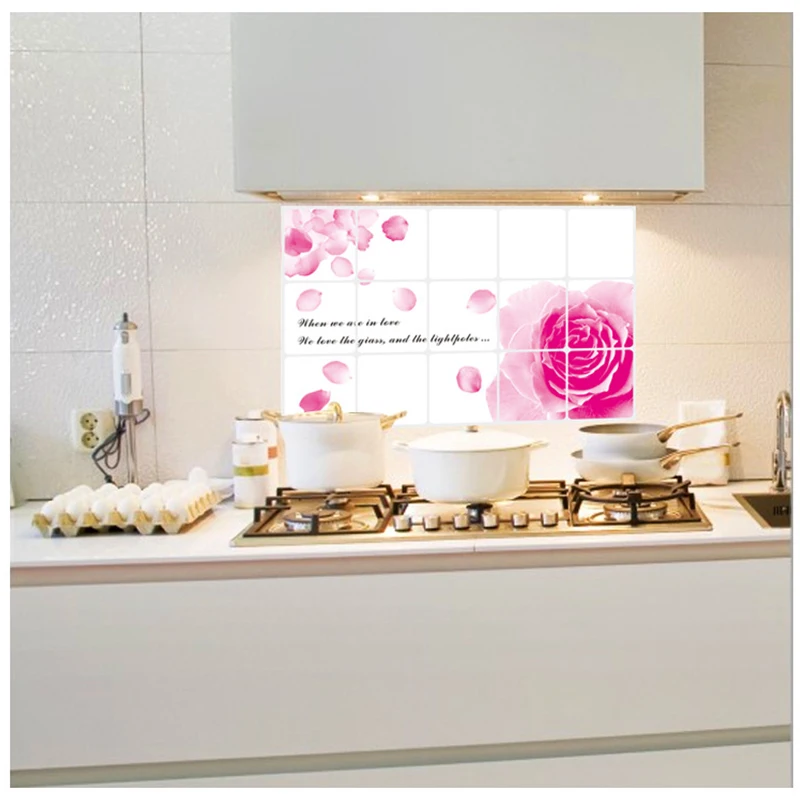 Pašlīmējošas Oilproof Virtuves Dekorēšanas Uzlīmes Rozā Rozes Ziedu Sienas Decal Alumīnija Folijas Ūdensizturīgs Eļļas Pierādījums Sienas Uzlīme