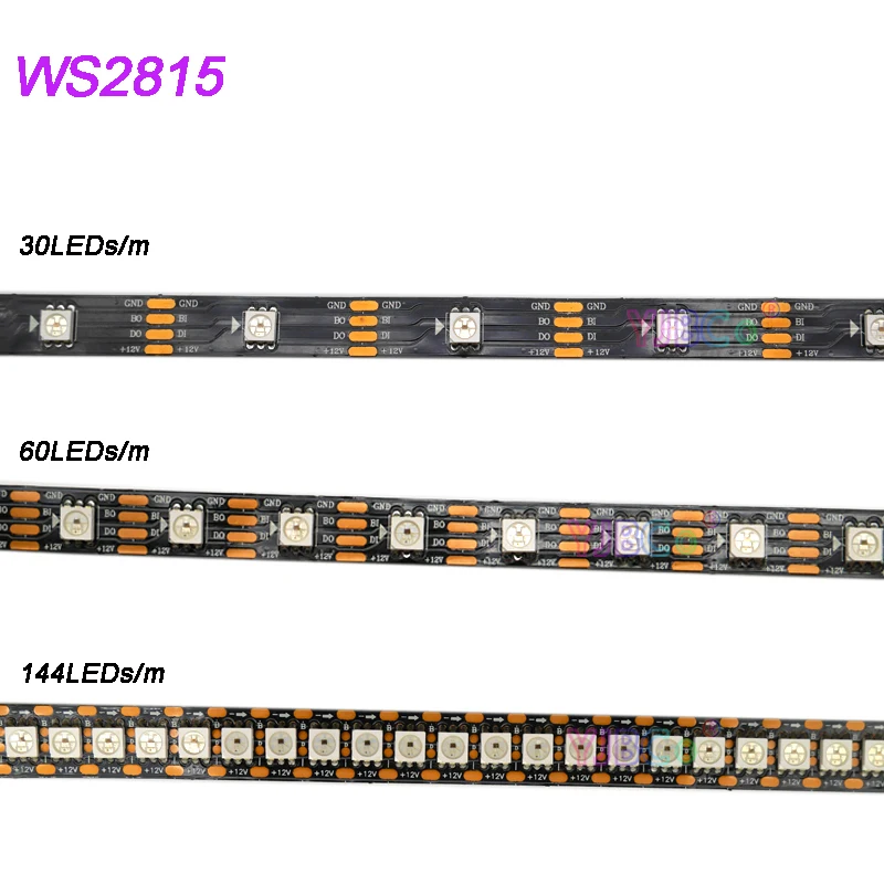 5m Smart pikseļu WS2815 led lentes;30/60/144 led/m;Melns/Balts PCB;IP30/IP65/IP67;Adresējama Dual-signāls,DC12V,ws2813