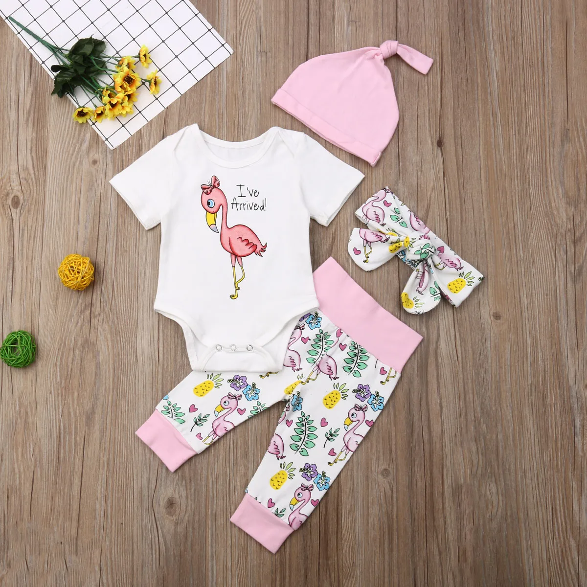 Modes 4GAB/Set Baby Girl Auduma Jaundzimušais Meitene Flamingo Romper Topi Garas Bikses Galvu, Cepure, Apģērbs, Drēbes
